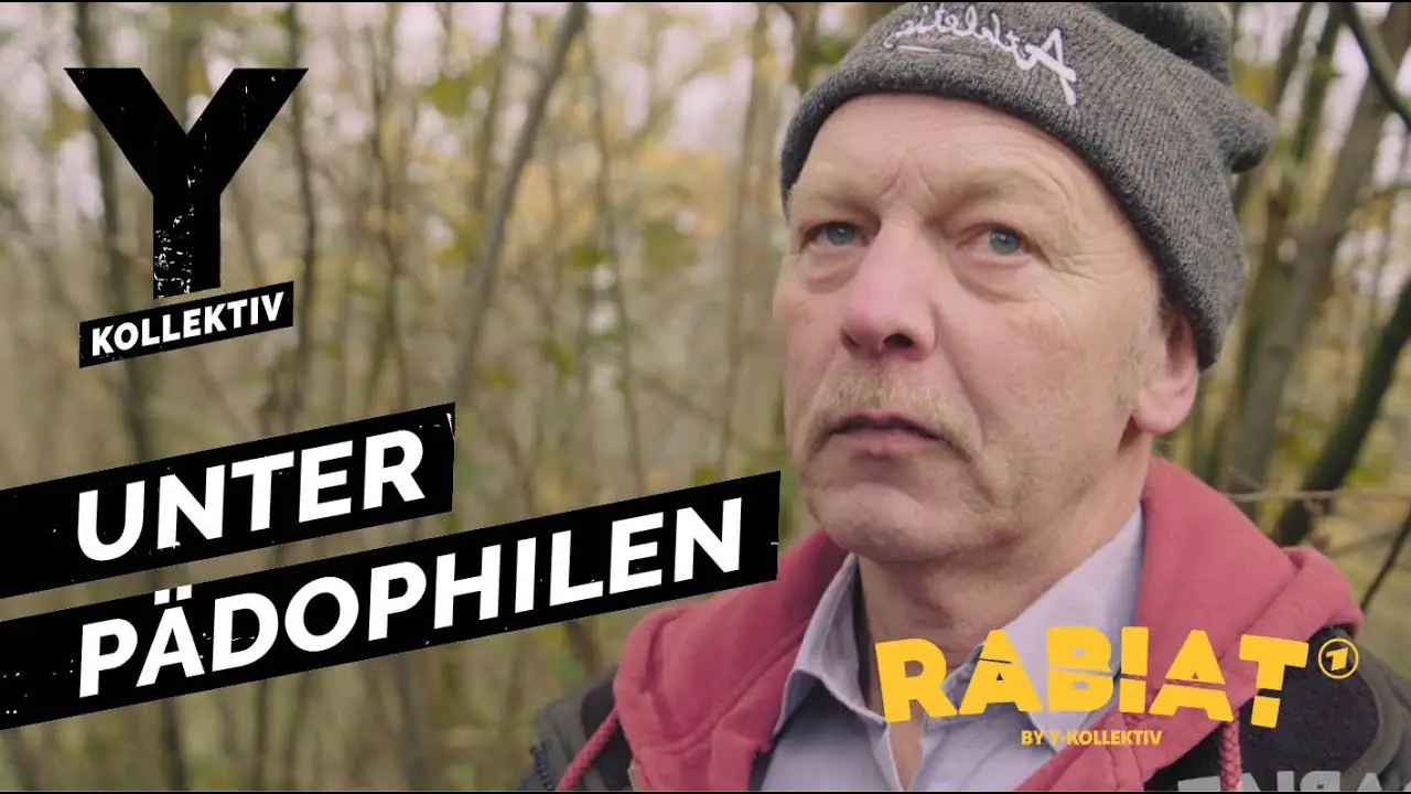 Titelbild von „Y-Kollektiv“ und „Rabiat“: ein Mann mit Mütze im Wald, dazu die Zeile „Unter Pädophilen“