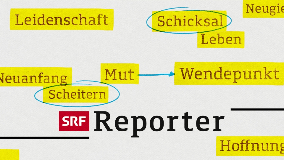 Titelbild von „SRF Reporter“: handschriftliche Wörter wie Leidenschaft, Schicksal, Scheitern und Hoffnung, teils gelb hervorgehoben