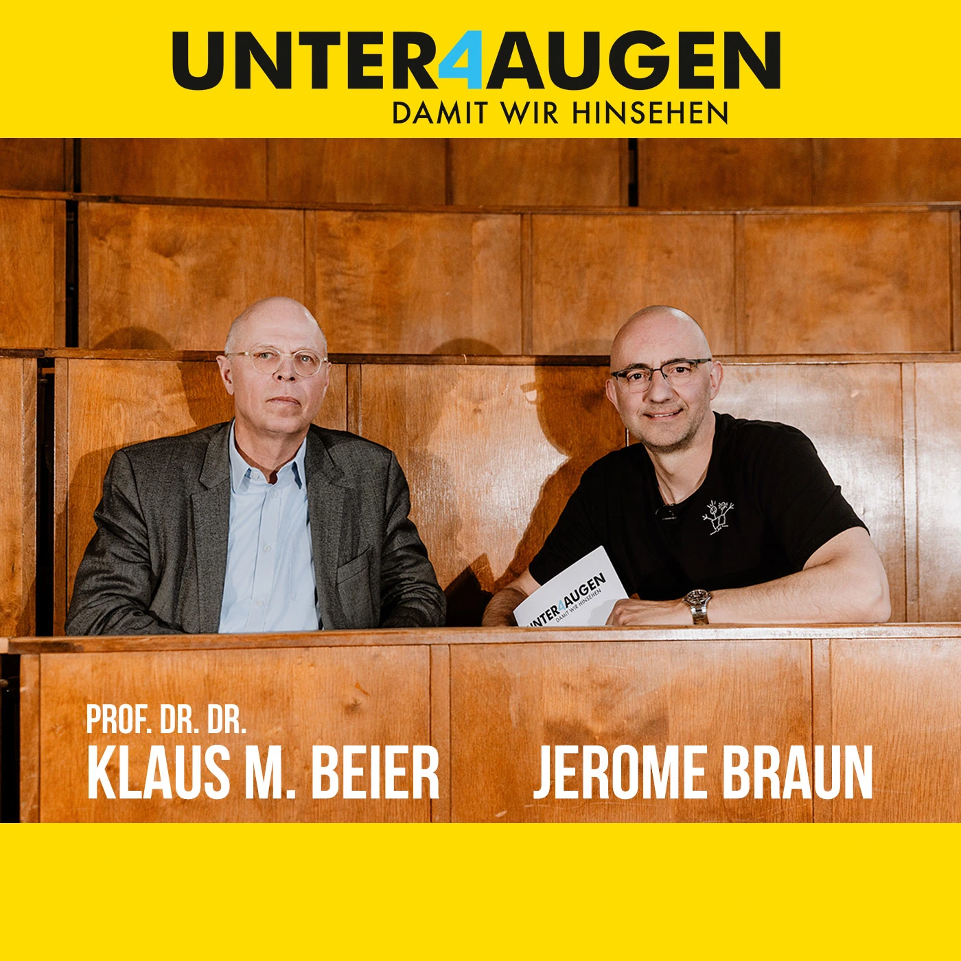 Titelbild von „Unter4Augen — damit wir hinsehen“ mit Prof. Dr. Dr. Klaus M. Beier und Jerome Braun nebeneinander im Hörsaal